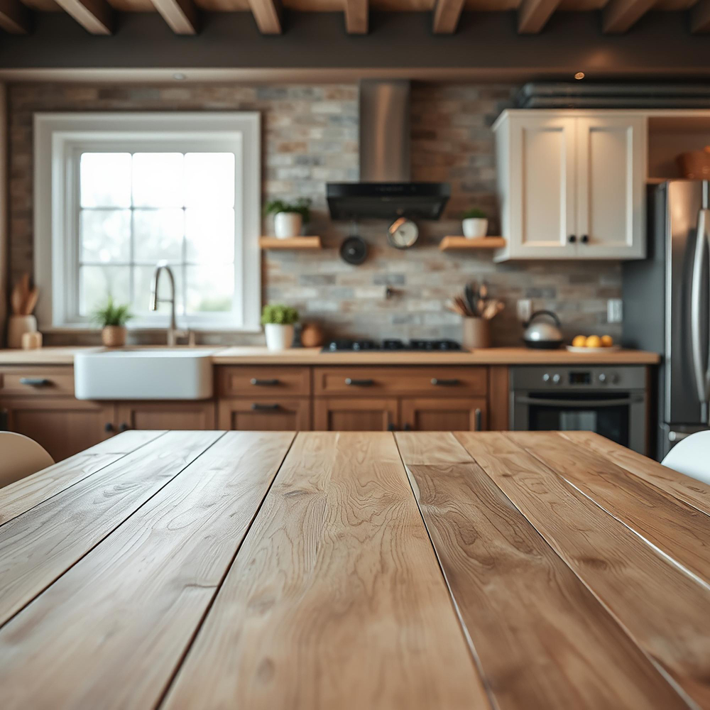 Empty wooden table and kitchen background Empty wooden table and kitchen background